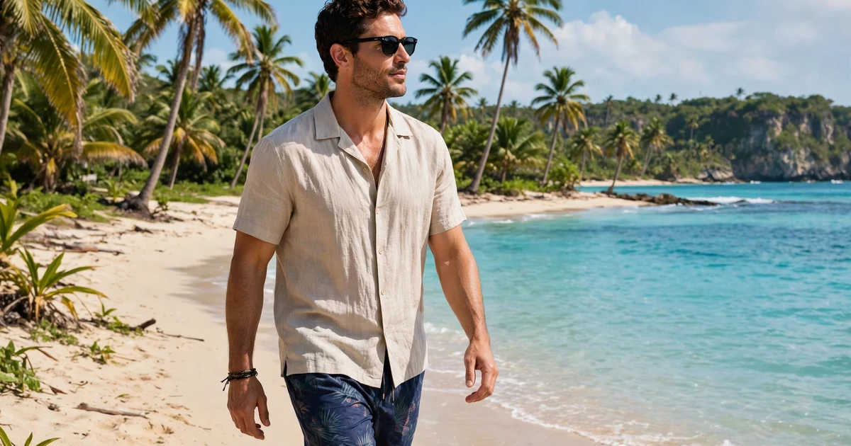 beach outfits for men with a linen shirt and swim shorts on a tropical beach