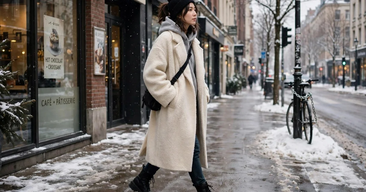 Woman wearing cozy winter outfits for women on a snowy city street