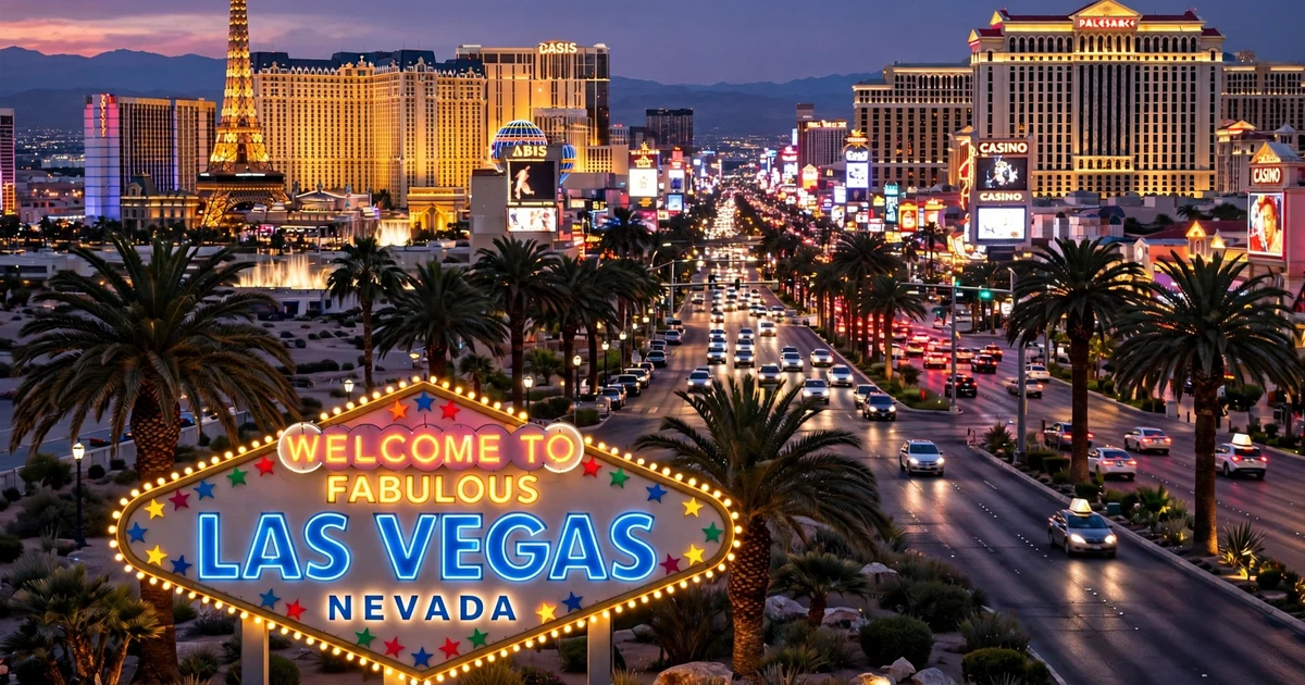 las vegas travel guide the strip at dusk with glowing casino lights and palm trees