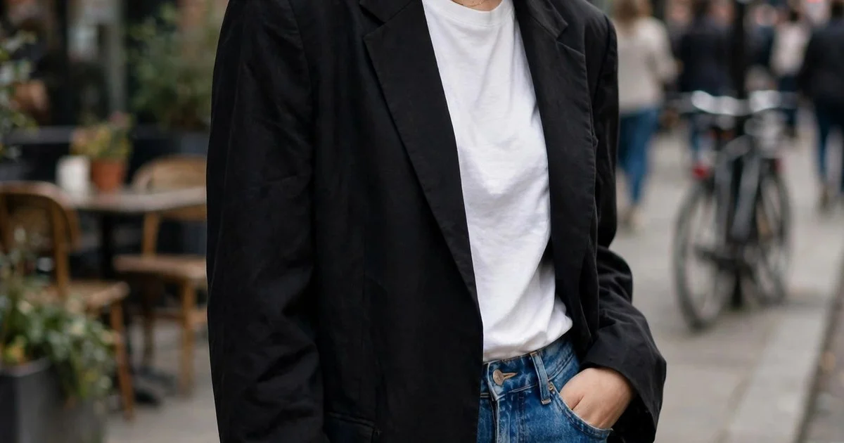 Oversized blazer women outfit: woman in a black oversized blazer over a white top