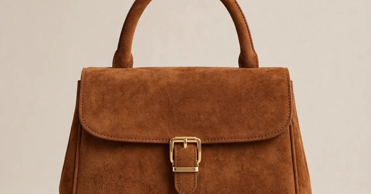 Suede handbags: a brown top-handle suede handbag with flap closure