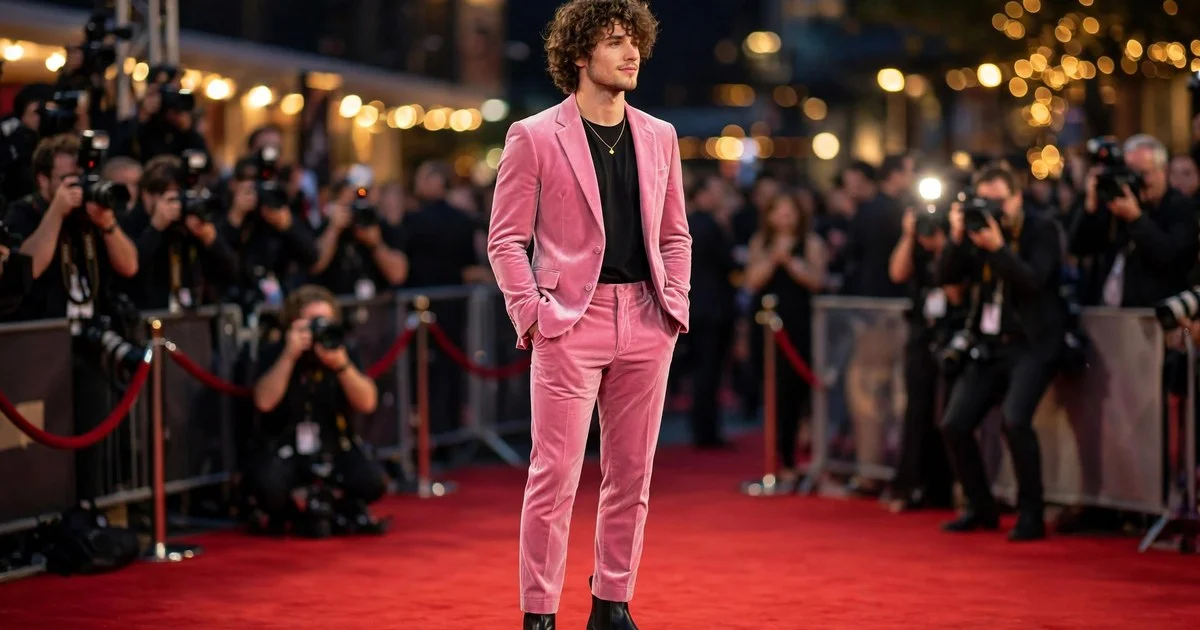 Timothee Chalamet fashion style pink velvet suit red carpet look