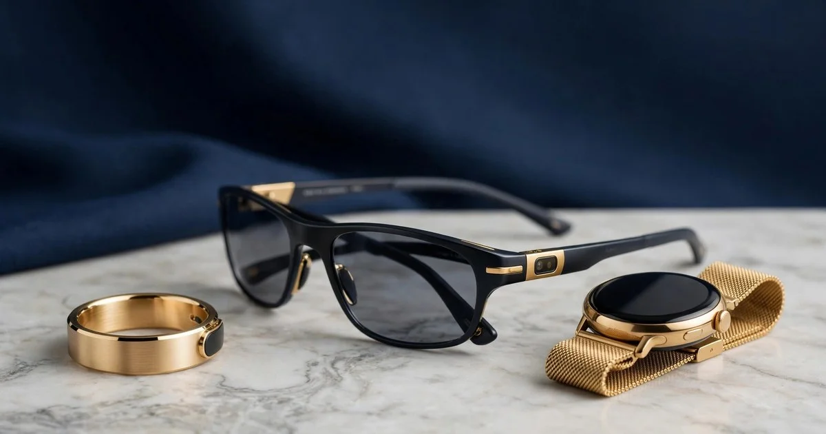 Wearable tech trends 2026: smart glasses and a gold smart ring on a marble surface