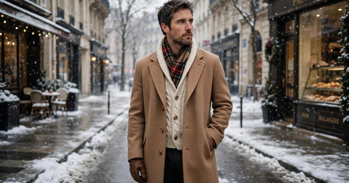 winter layering for men in a camel overcoat and knit sweater