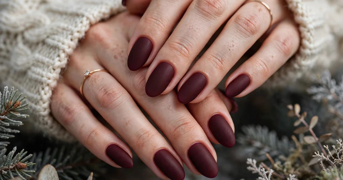 Winter nail designs: hands with dark burgundy winter nail polish