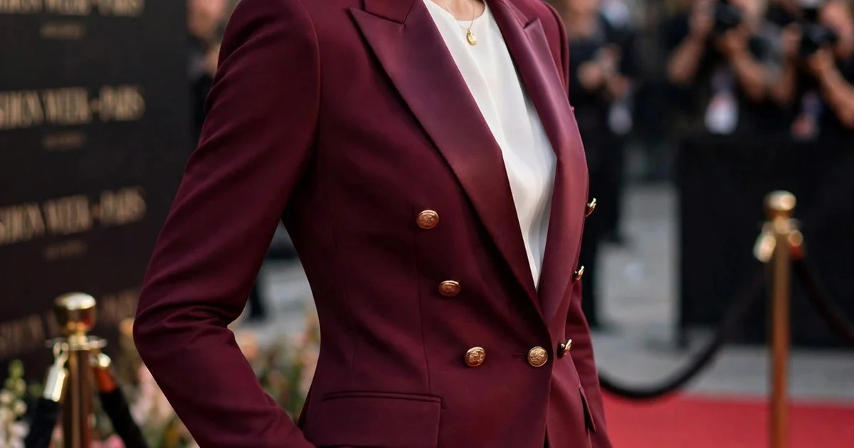 Zendaya fashion style moment: Zendaya in a burgundy double-breasted blazer on the red carpet